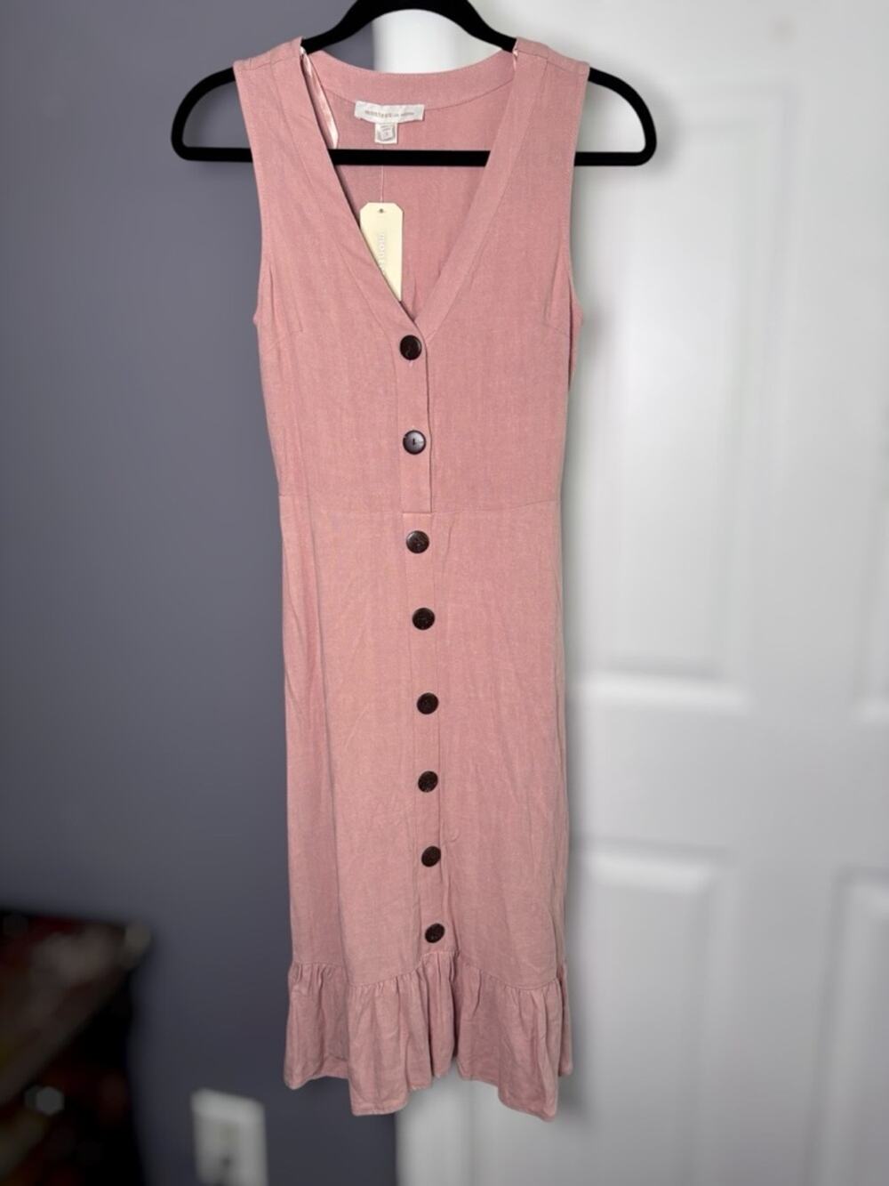 Monteau Rosy Brown Linen Blend Sleeveless Midi Dress Ruffle Hem Small